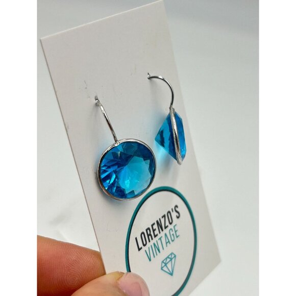 Sterling Silver Blue Earrings Crystal Round Drop Dangles Hook Earrings Aqua Blue - Picture 4 of 7